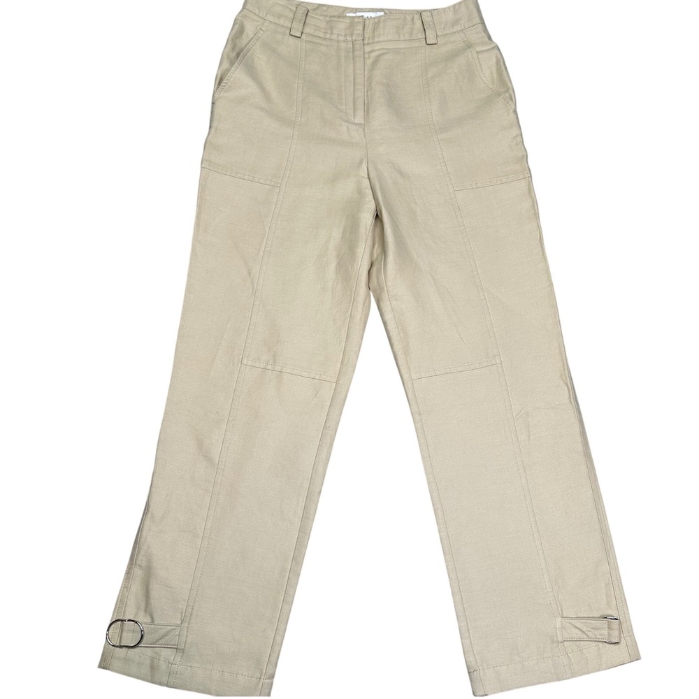 Reiss Beige Cotton Hemp Utility Straight Leg Pants Adjustable D-Ring Ankle USA 4